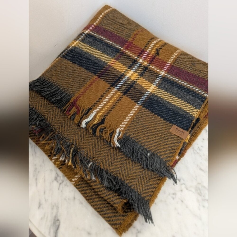 Roots Plaid  Herringbone Scarf in Brown Red  Blue